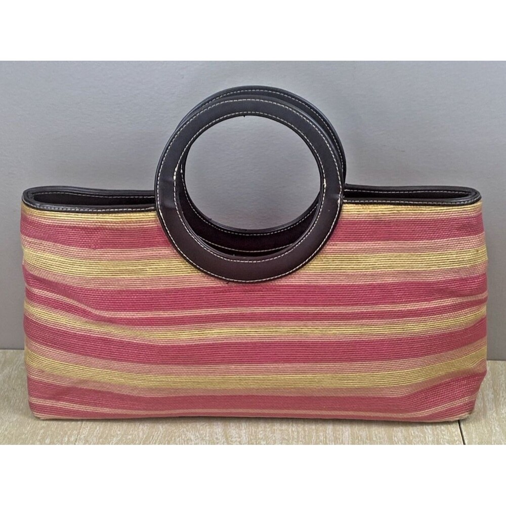 Anne Klein 2 Medium Pink & Yellow Striped Canvas Grab Handbag with Brown Trim